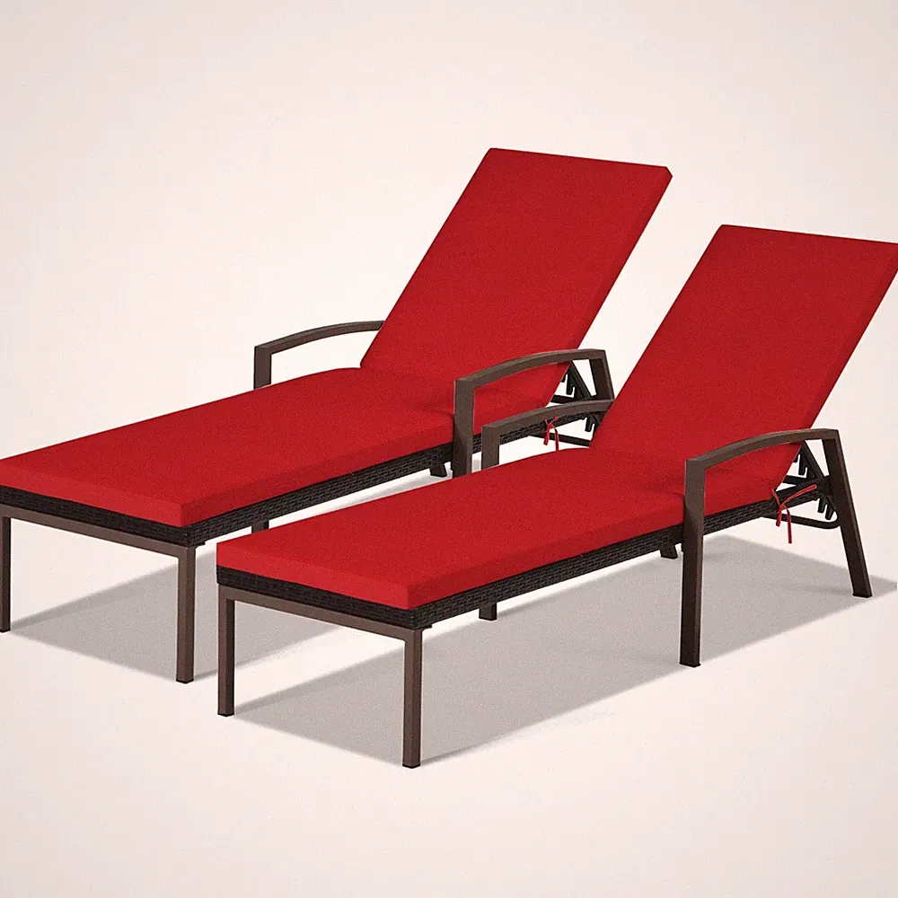 2PCS Patio Rattan Lounge Chair Chaise Recliner Back Adjustable Cushioned Red