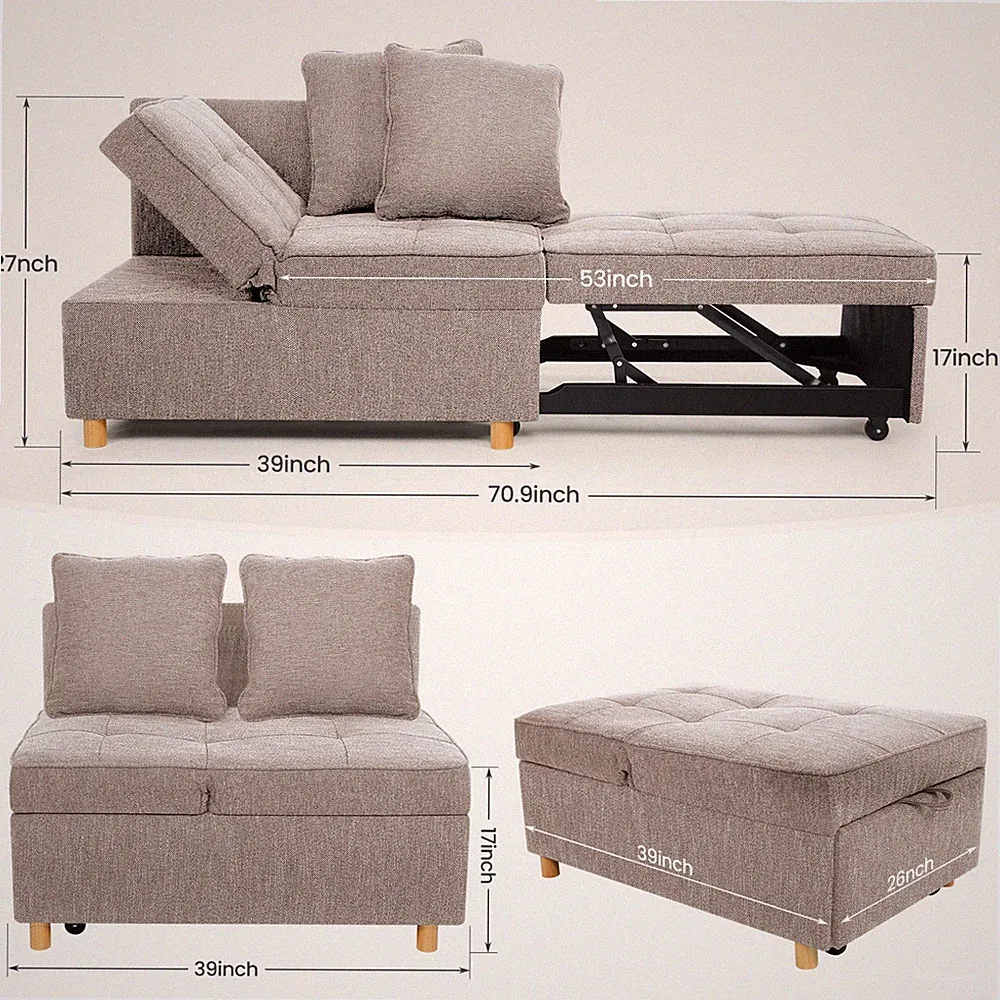 4-in-1 Convertible Sleeper Sofa 3-Seater Loveseat Futon Sofa Adjustable Backrest