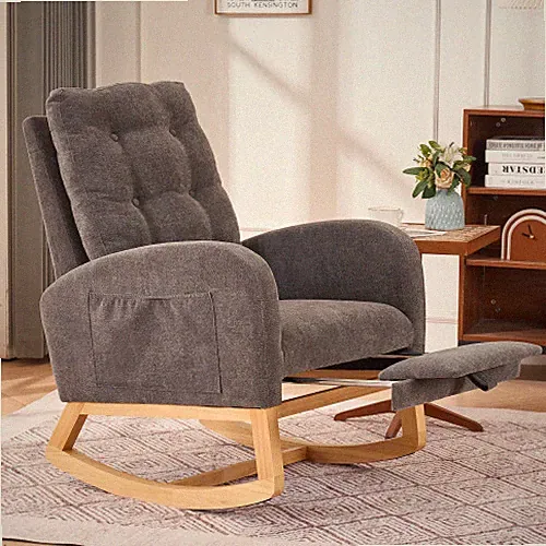 Accent Rocking Chair With Footrest High Back Rubber Wood Rocking Legs