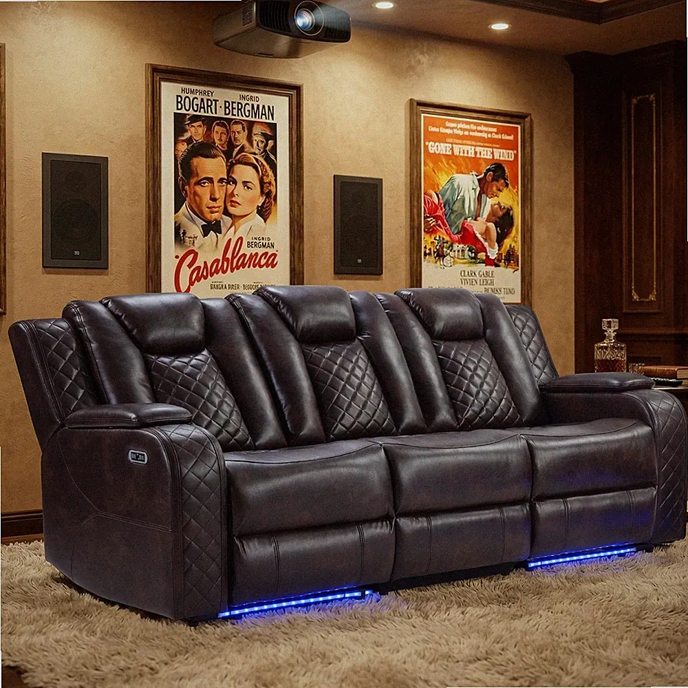 EBELLO Power Recliner Sofa w/ Drop-Down Table,Faux Leather 3 Seat Recliner Couch