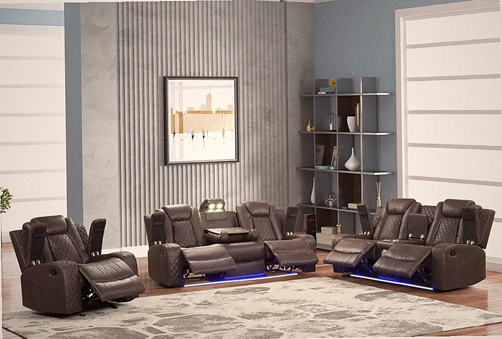 NEW LED 3PC Sofa Loveseat Chair Recliner Set Chocolate Fabric Bluetooth Speaker