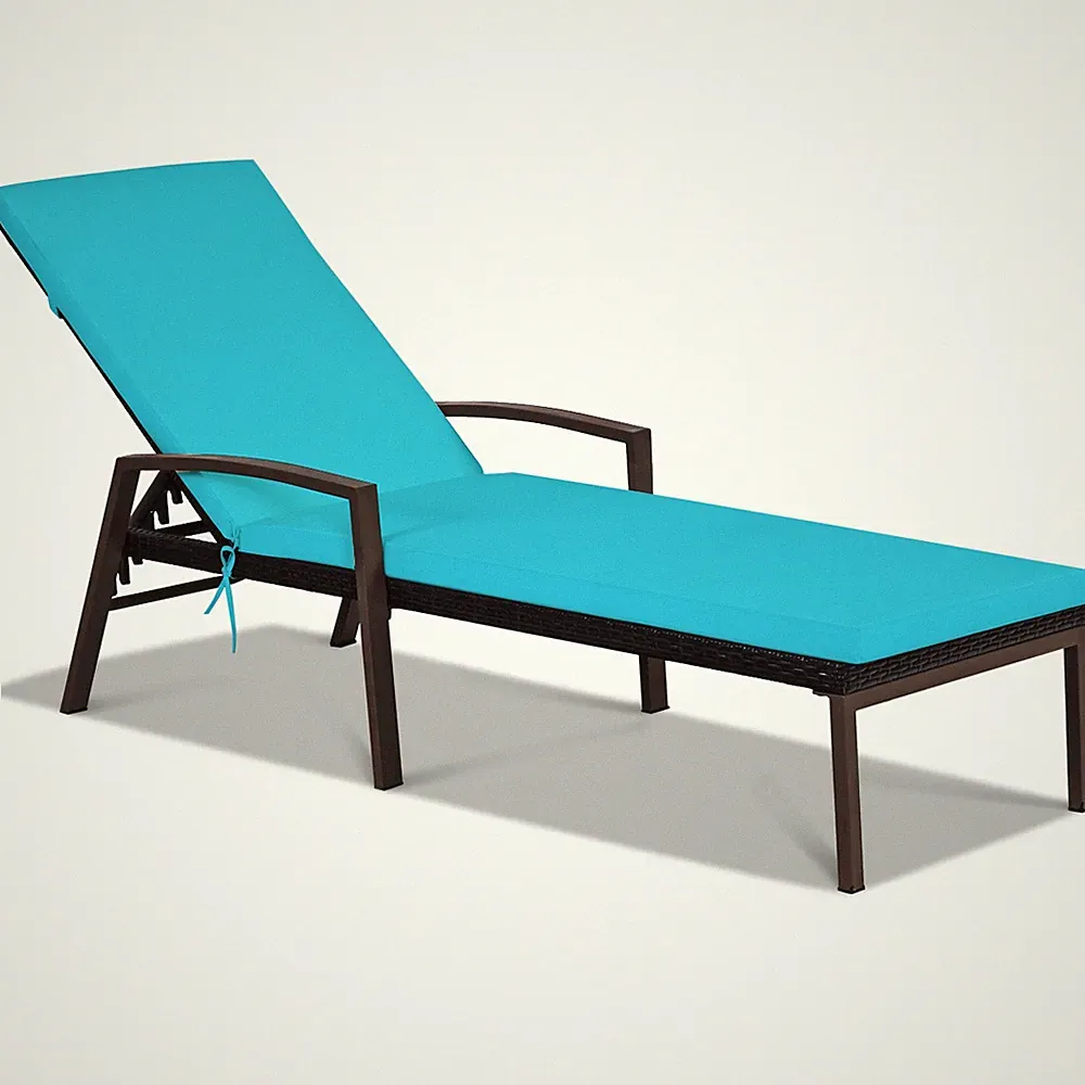 Outdoor Rattan Lounge Chair Chaise Cushioned Recliner Back Adjustable Turquoise