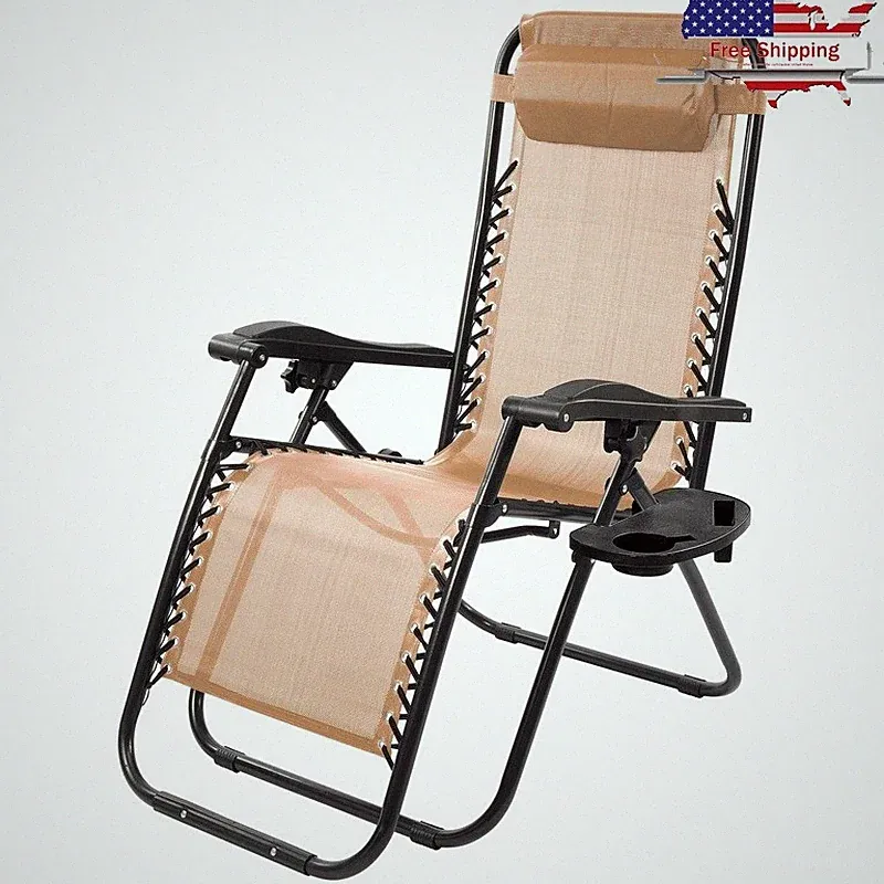 Outdoor Zero Gravity Reclining Lounge Chair W/ Headrest Cup Holder Foldable New