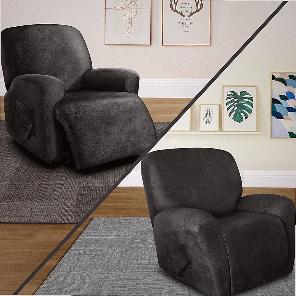 Oversize Leather Look Recliner Chair Covers - 4-Piece Set, Dark Grey