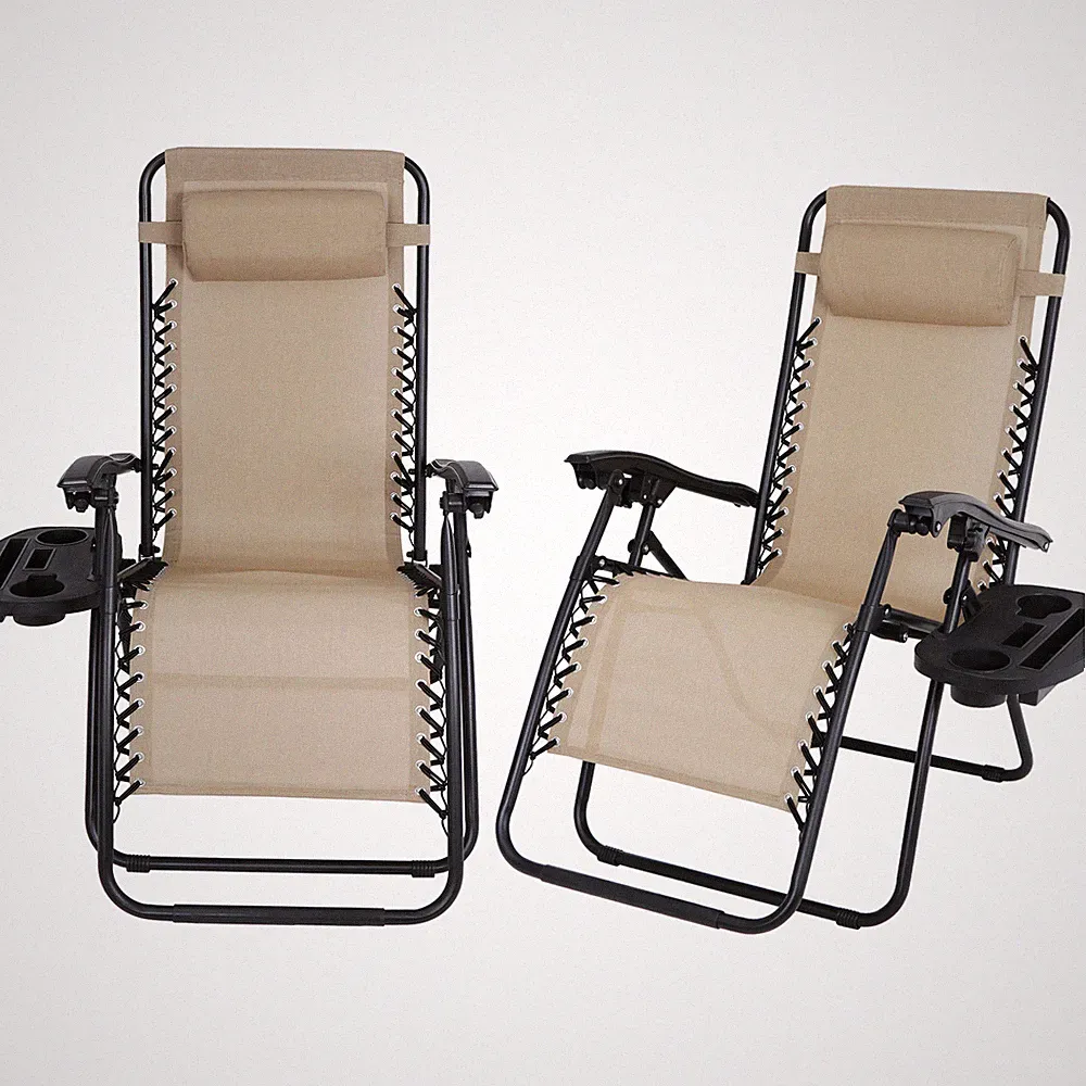 Set of 2 Recline Chairs Zero Gravity Folding Patio Garden Beach Deck Lounge Tray