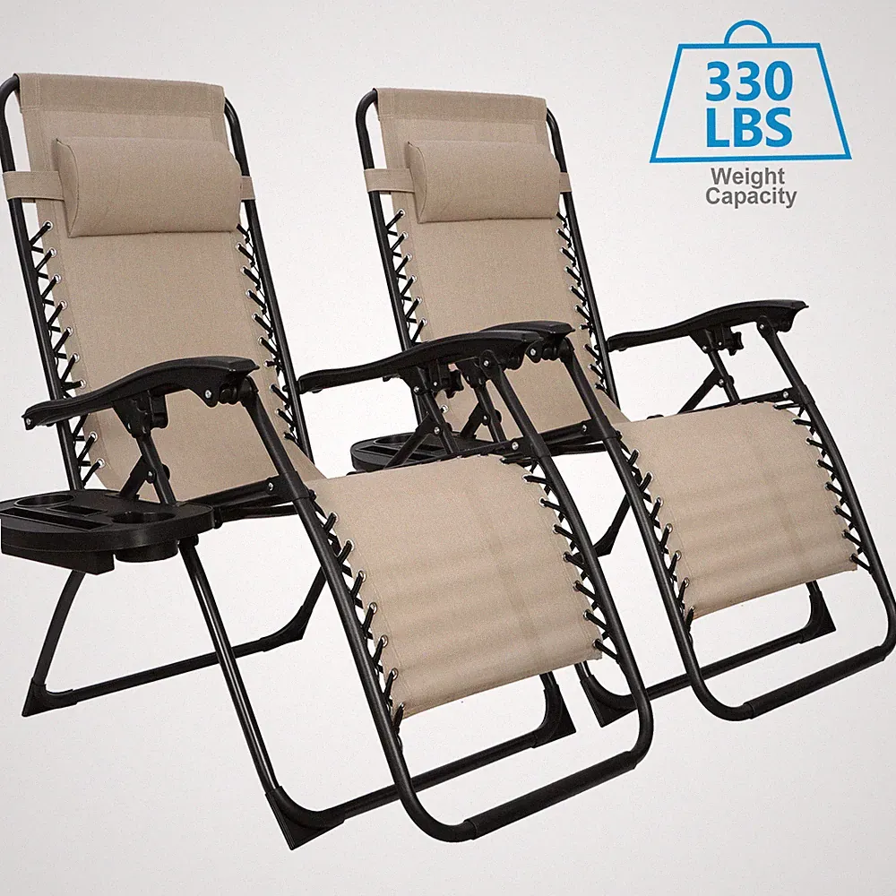 Set Of 2 Zero Gravity Chair Folding Recline Adjustable Tray Lounge w/Cup Holders