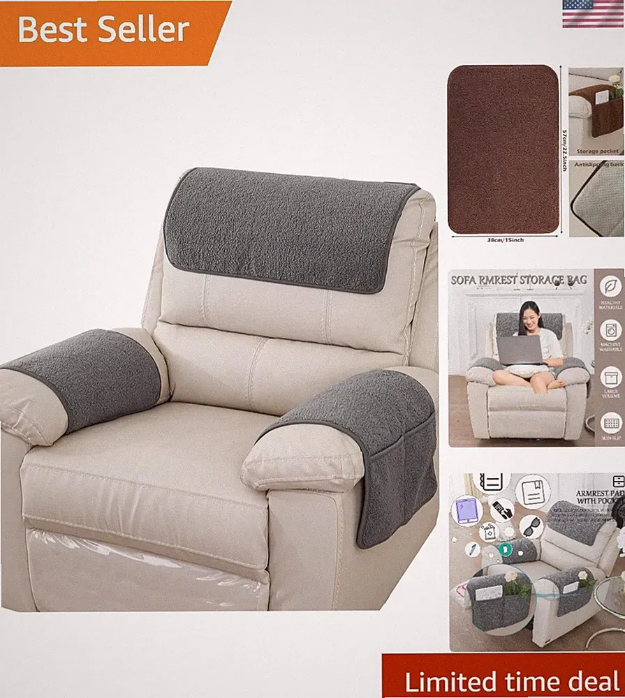 Velvet Armrest Cover Sofa Recliner Chair Protector Slip with Pockets Light Gr...